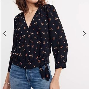 Madewell black floral Wrap Top Blouse Shirt SZ XXS